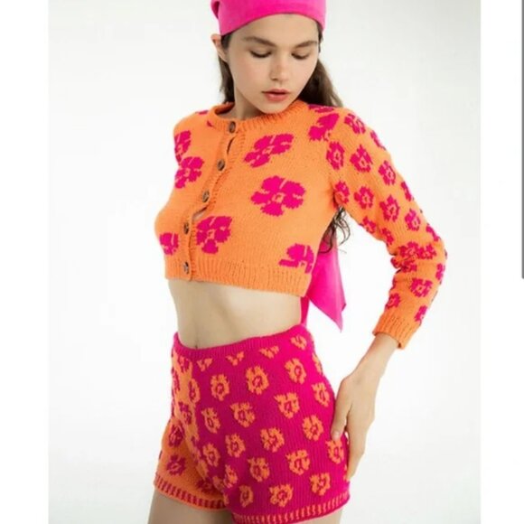 NWT Tach Vera Floral Knit Cardigan Button Front Size Small Orange Pink Y2K - Picture 1 of 16